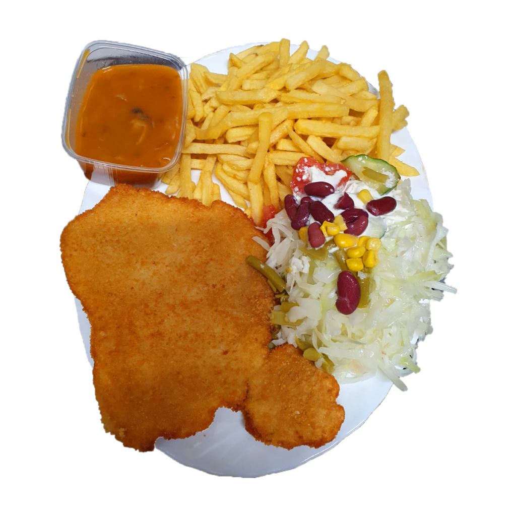 Schnitzel in Sauce Hollandaise mit Pommes Frites und Krautsalat – Ferkulum